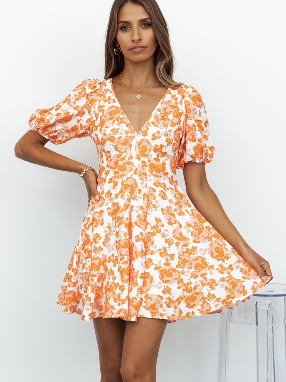 Hello Molly Floral V-Neck Puff Sleeve Mini Dress in Orange